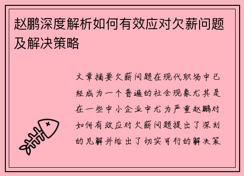 赵鹏深度解析如何有效应对欠薪问题及解决策略