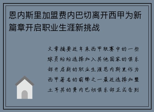 恩内斯里加盟费内巴切离开西甲为新篇章开启职业生涯新挑战